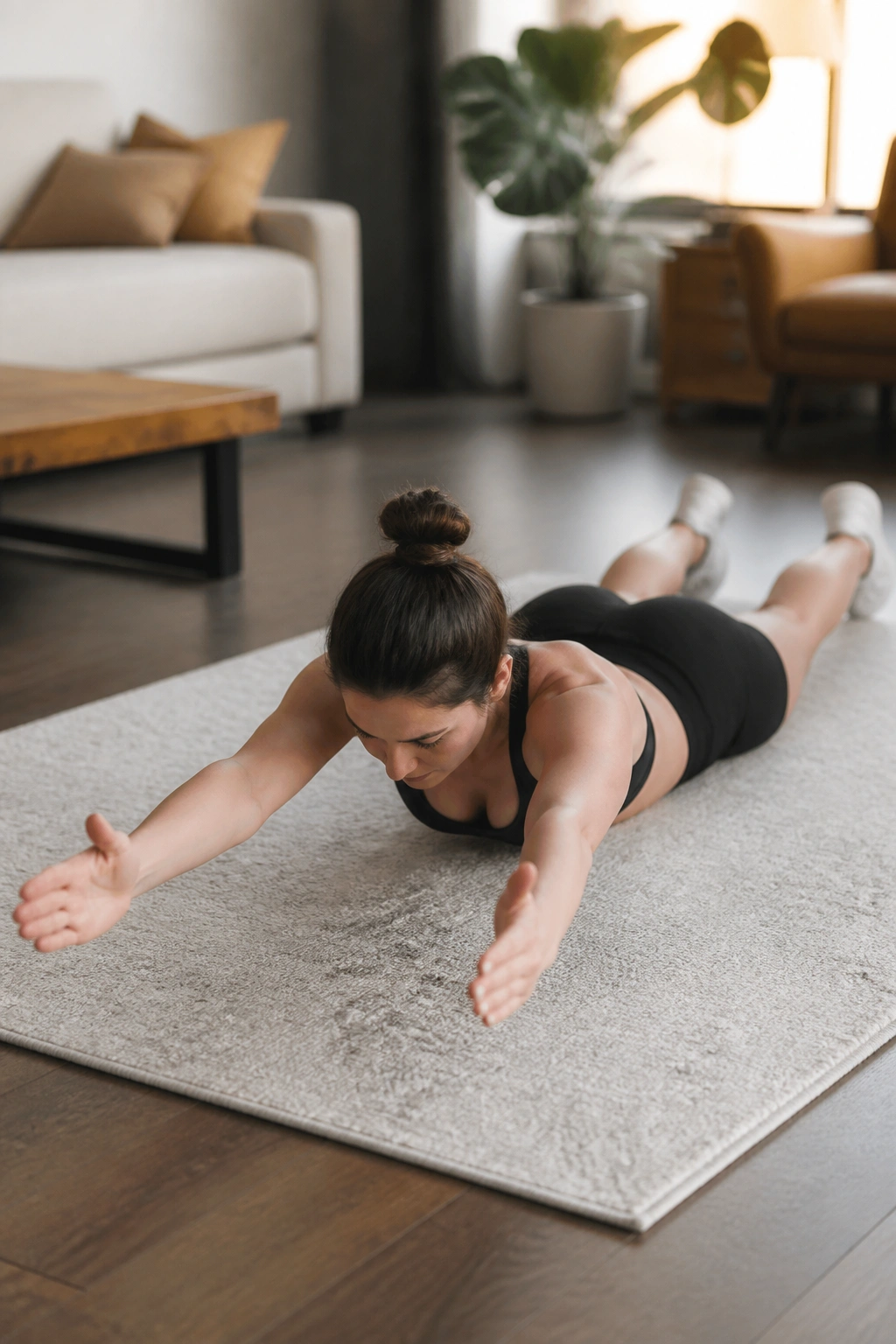 Person doing prone Y-T-W raises on the floor as part of upper-body endurance circuit