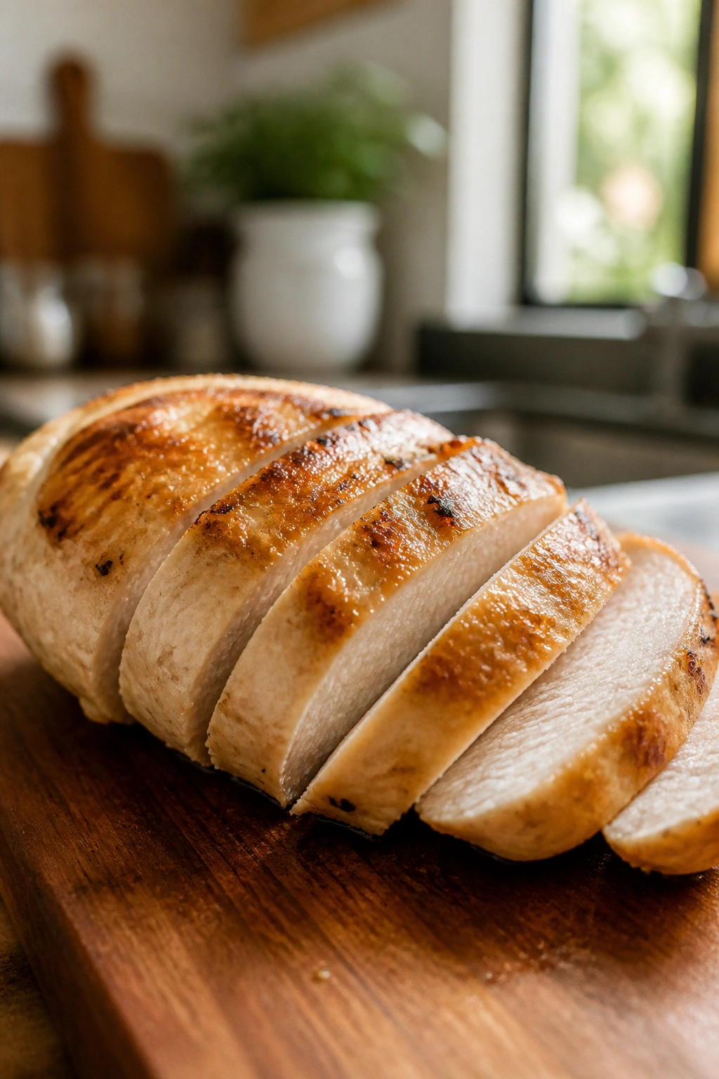 Close-up of plain cooked chicken breast on a wooden board ready for portions