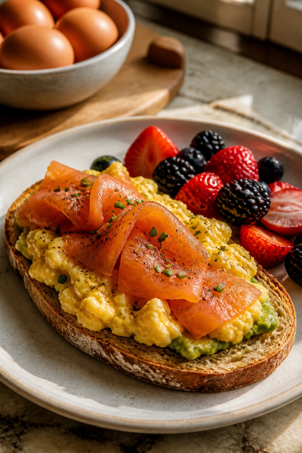 Protein-rich breakfast plate with eggs and smoked salmon on toast in a kitchen.