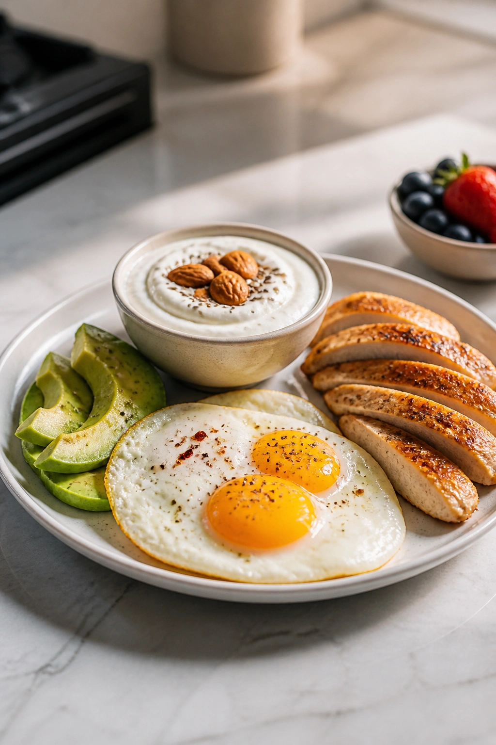 Protein-forward breakfast plate featuring eggs and yogurt in morning light