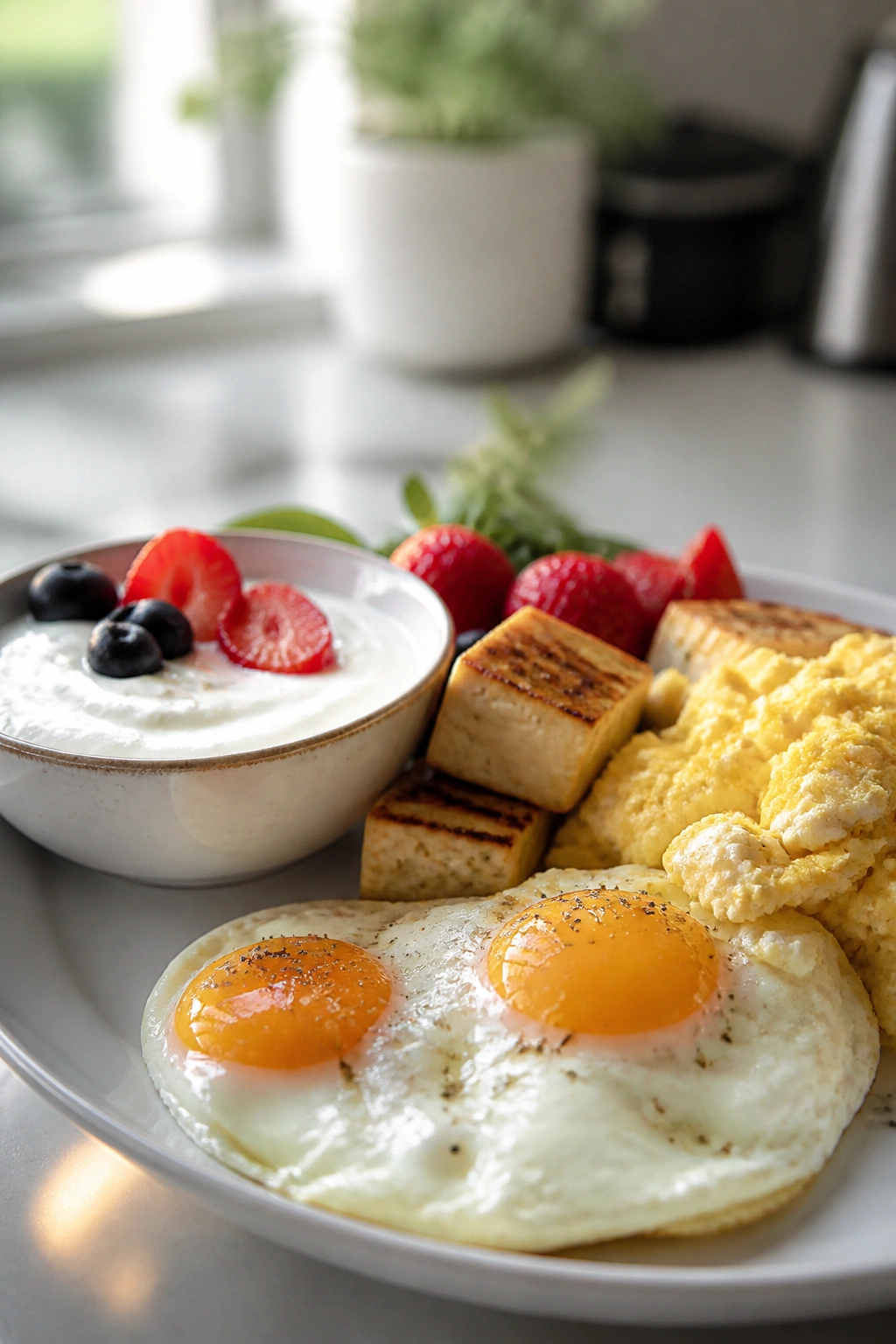 Protein-rich breakfast plate with eggs and yogurt