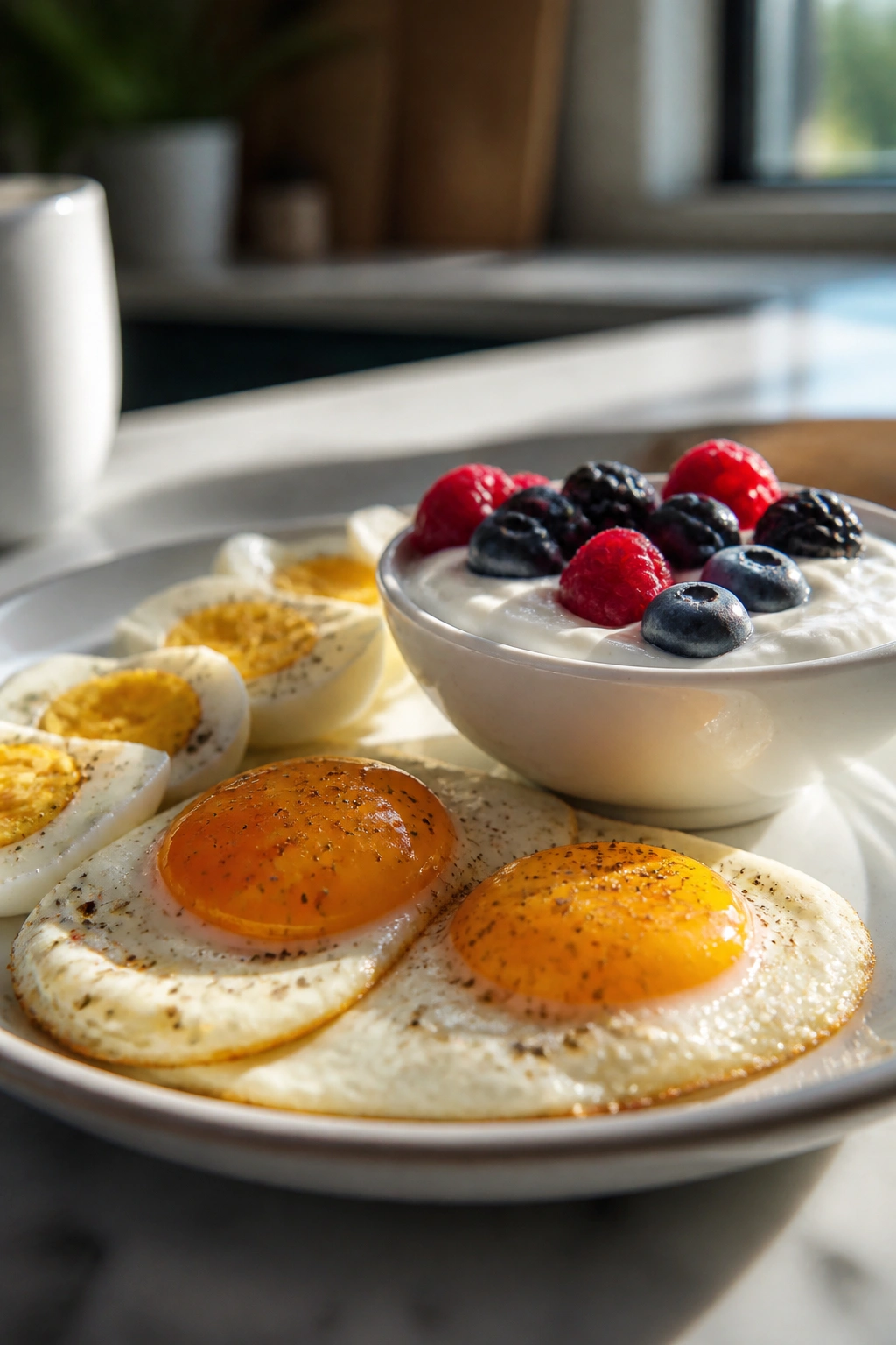 Close-up plate of protein-rich breakfast with eggs and yogurt
