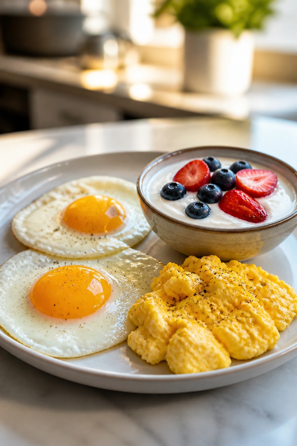 Close-up plate of protein-forward breakfast in a bright kitchen
