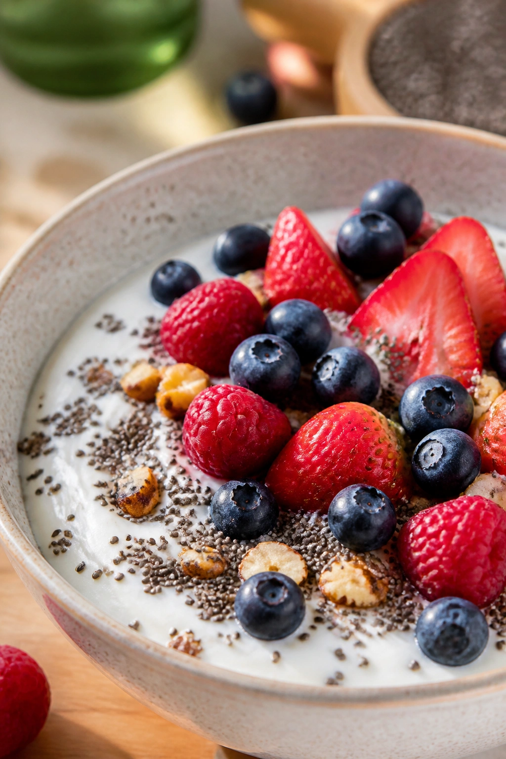 Close-up of a protein-packed Greek yogurt bowl with berries and chia seeds on a kitchen counter