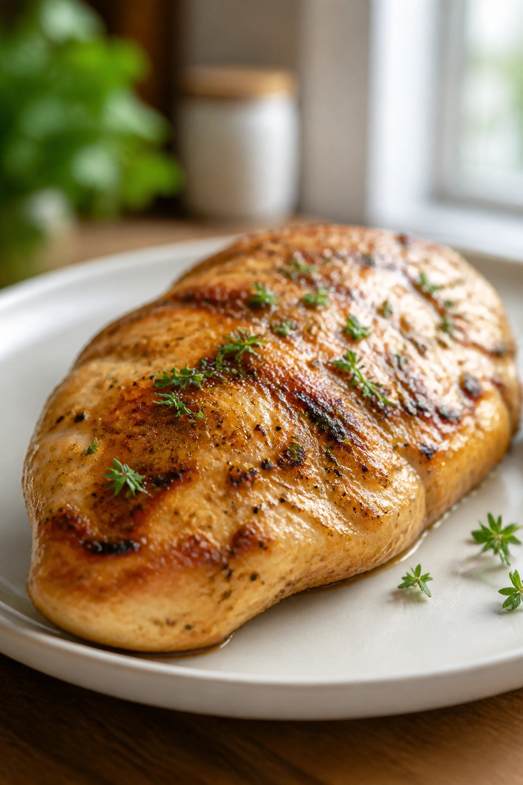 Close-up of a protein-rich chicken breast centered on a plate to emphasize protein in meals