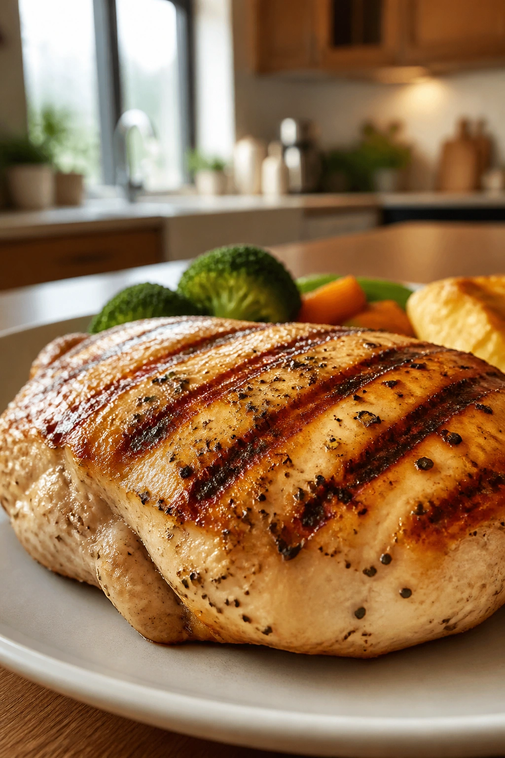 Close-up of a thick grilled chicken breast on a plate in a warm kitchen