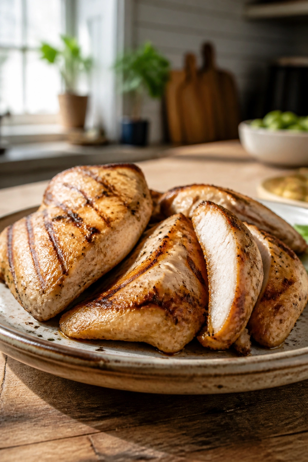 Close-up of grilled chicken on a plate in a bright kitchen