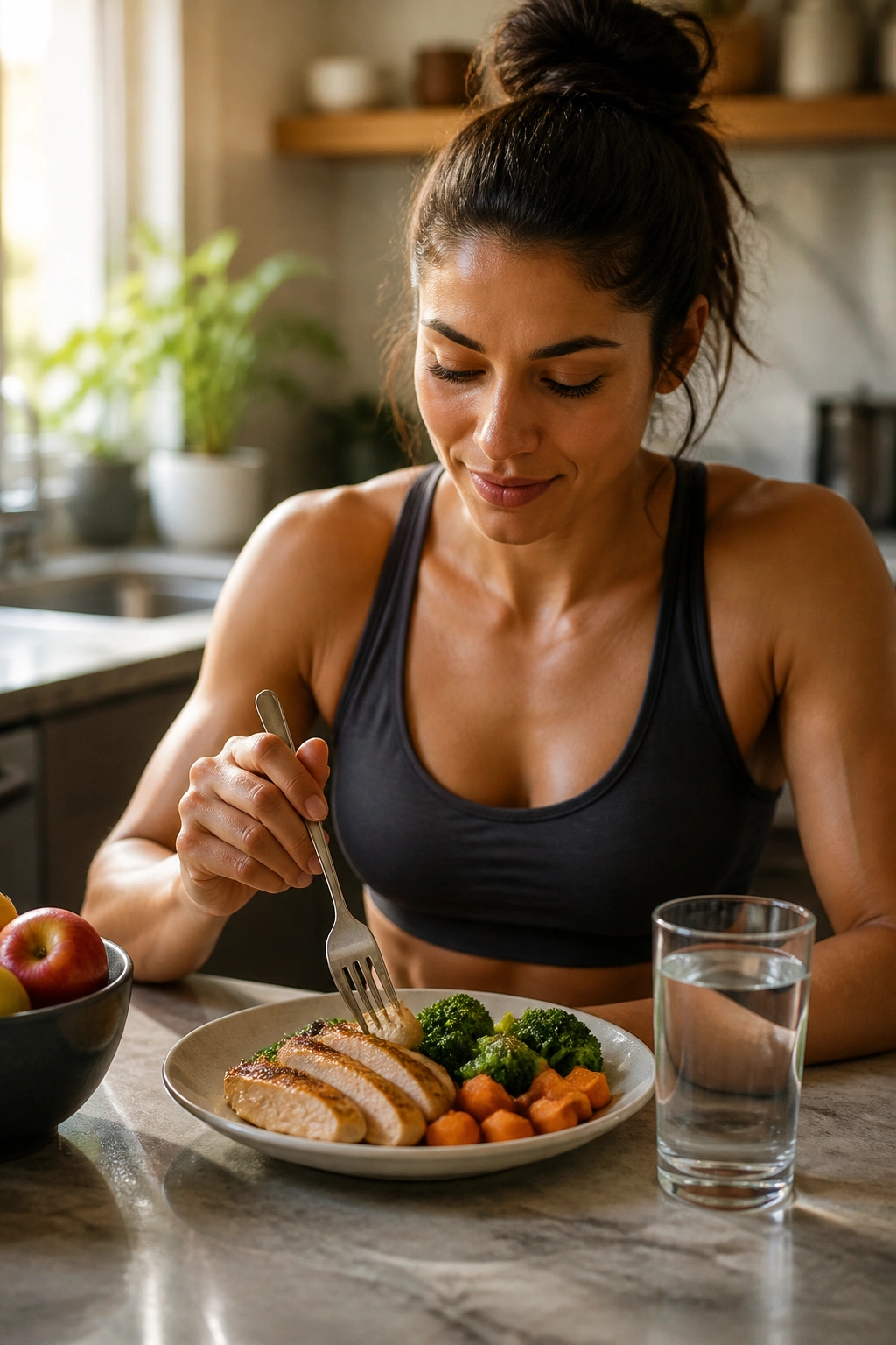 Person eating a protein-rich meal at kitchen counter for muscle recovery
