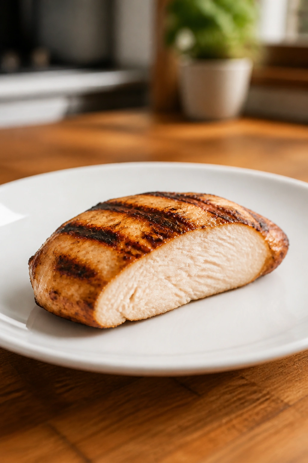 Close-up of grilled chicken breast on plate to symbolize protein for glute hypertrophy