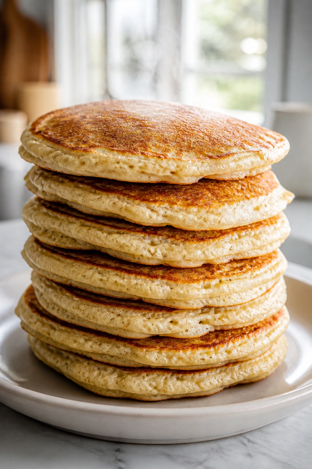 Stack of protein pancakes on a plate in a bright kitchen.