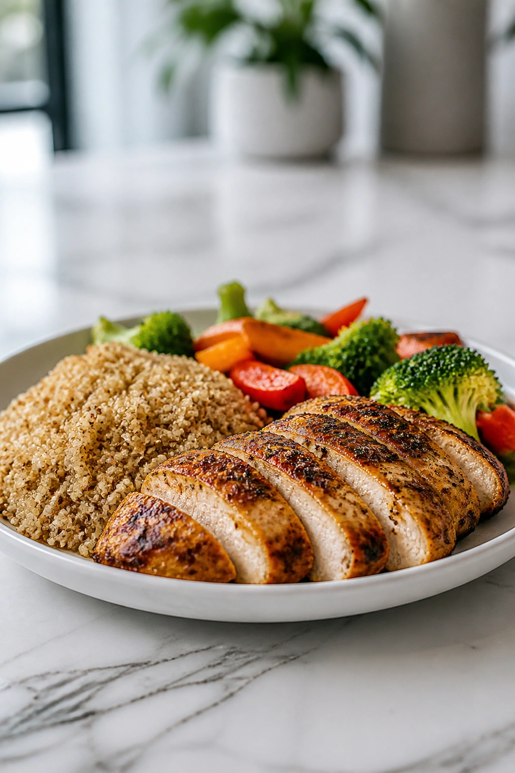Protein-rich plate on kitchen counter as meal timing focus.