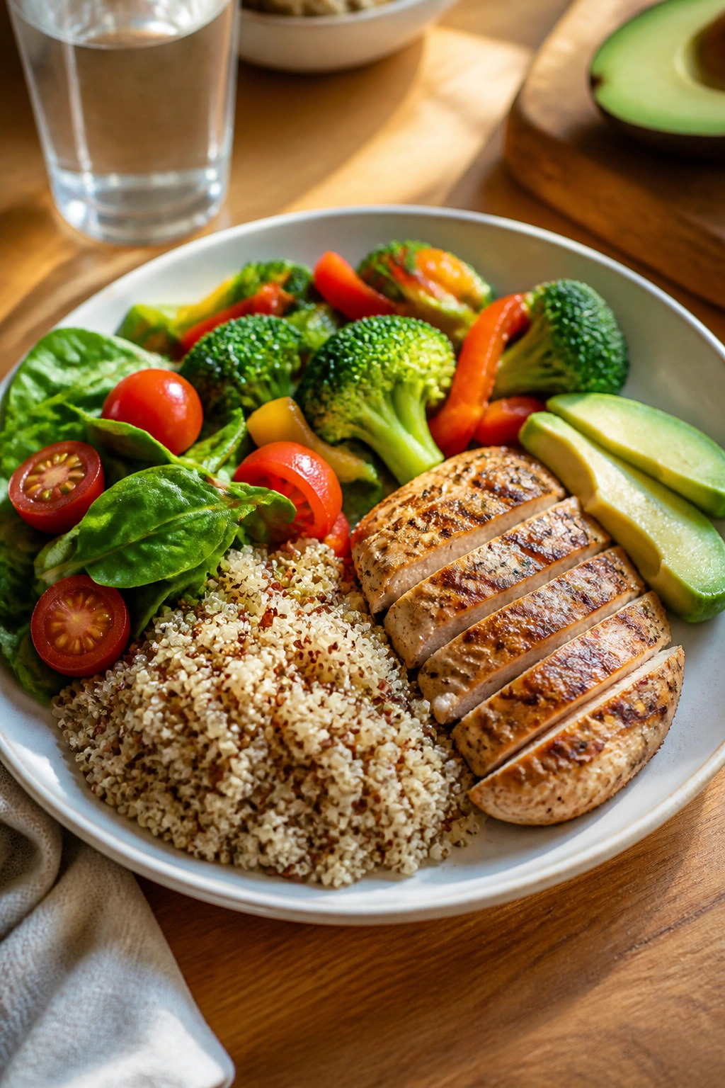 Balanced plate with protein, vegetables, carbs, and fats on a kitchen table