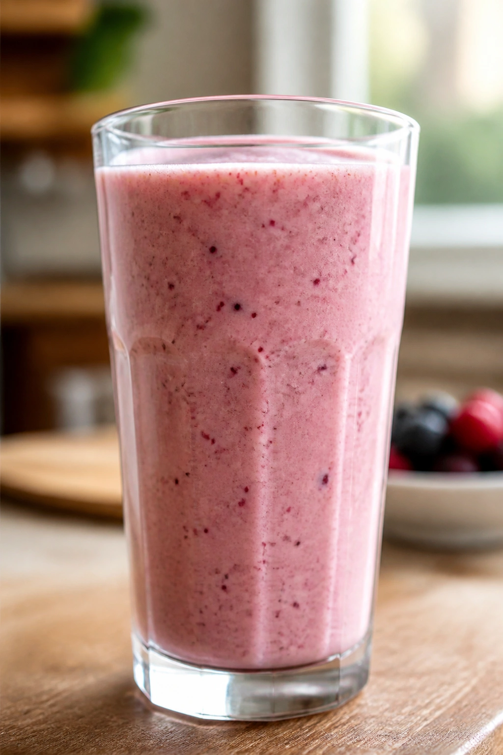 Close-up of a creamy protein smoothie in a glass on a kitchen counter with natural light