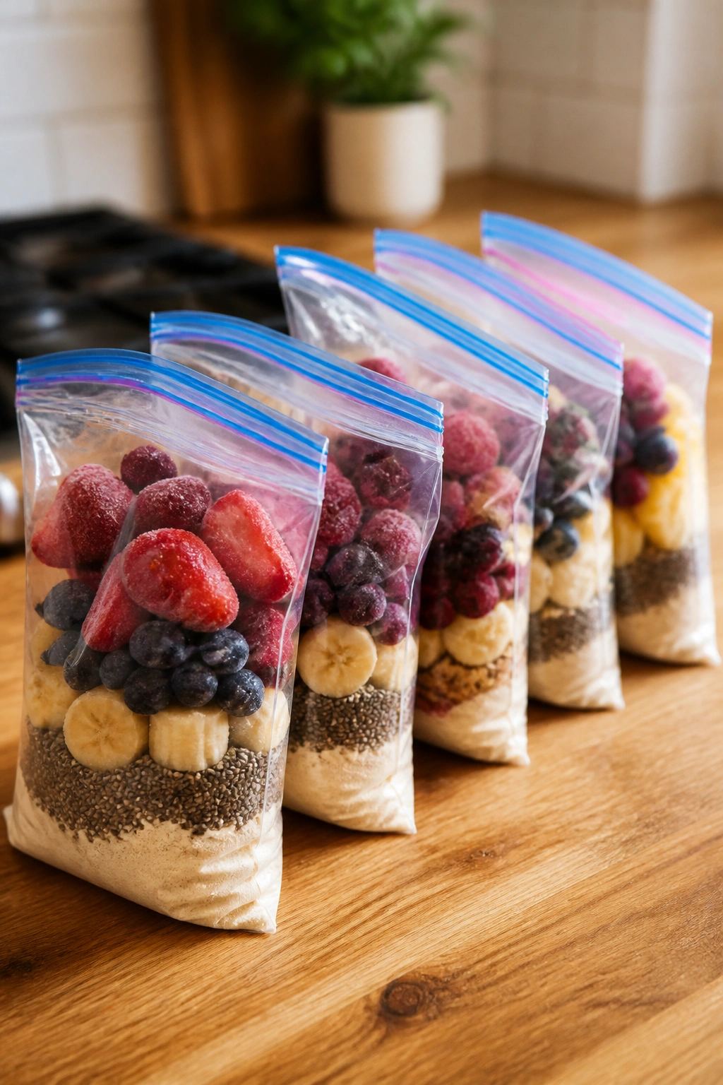 Five smoothie packs in freezer bags with colorful frozen ingredients visible