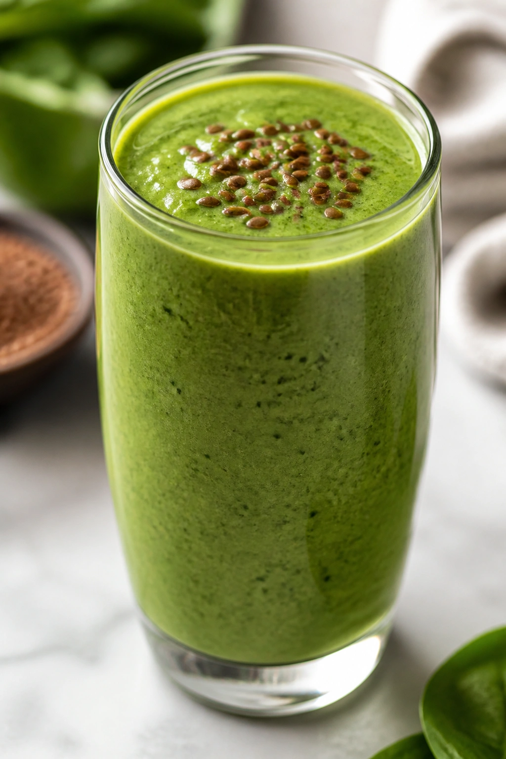Close-up of green whey protein smoothie in glass on kitchen counter