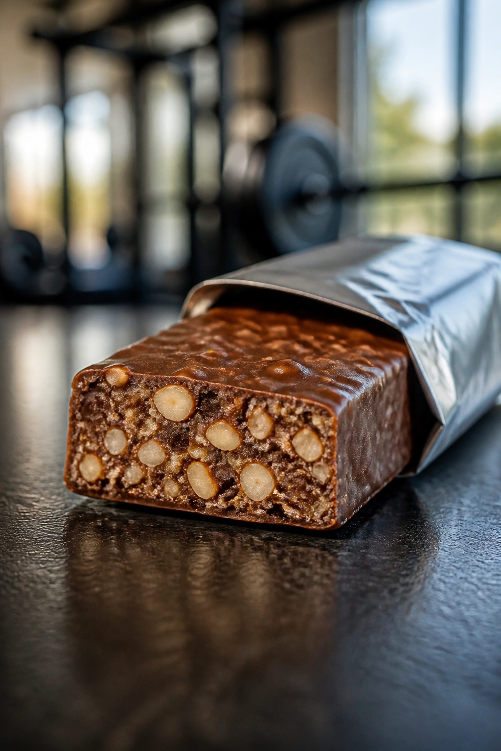 Protein snack dominates frame on a gym-side surface
