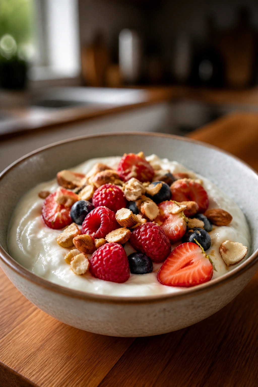 Close-up of a protein-rich Greek yogurt bowl with nuts and berries on a wooden table