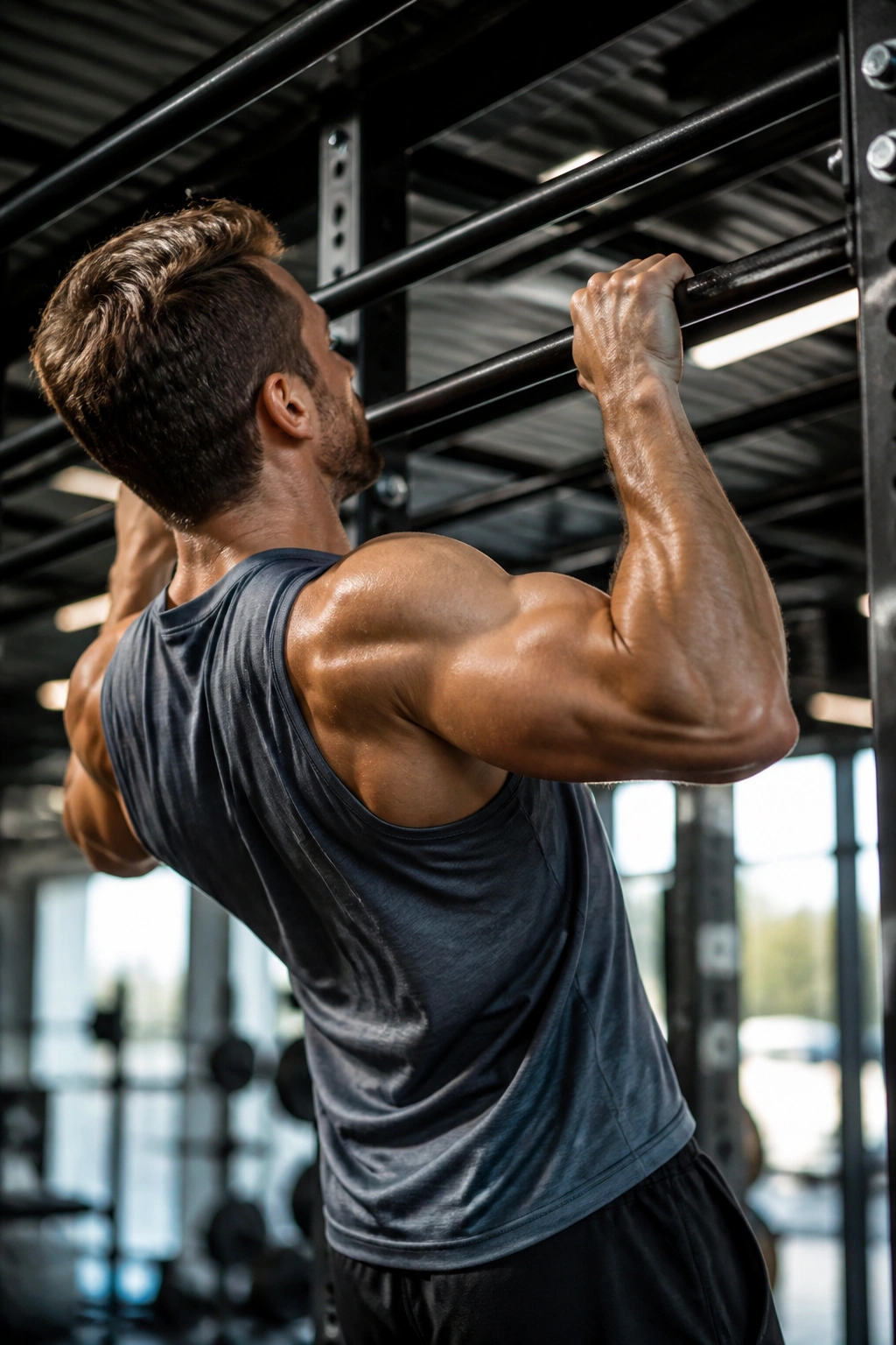 Close-up of a person doing pull-up in a gym with back and arm muscles defined