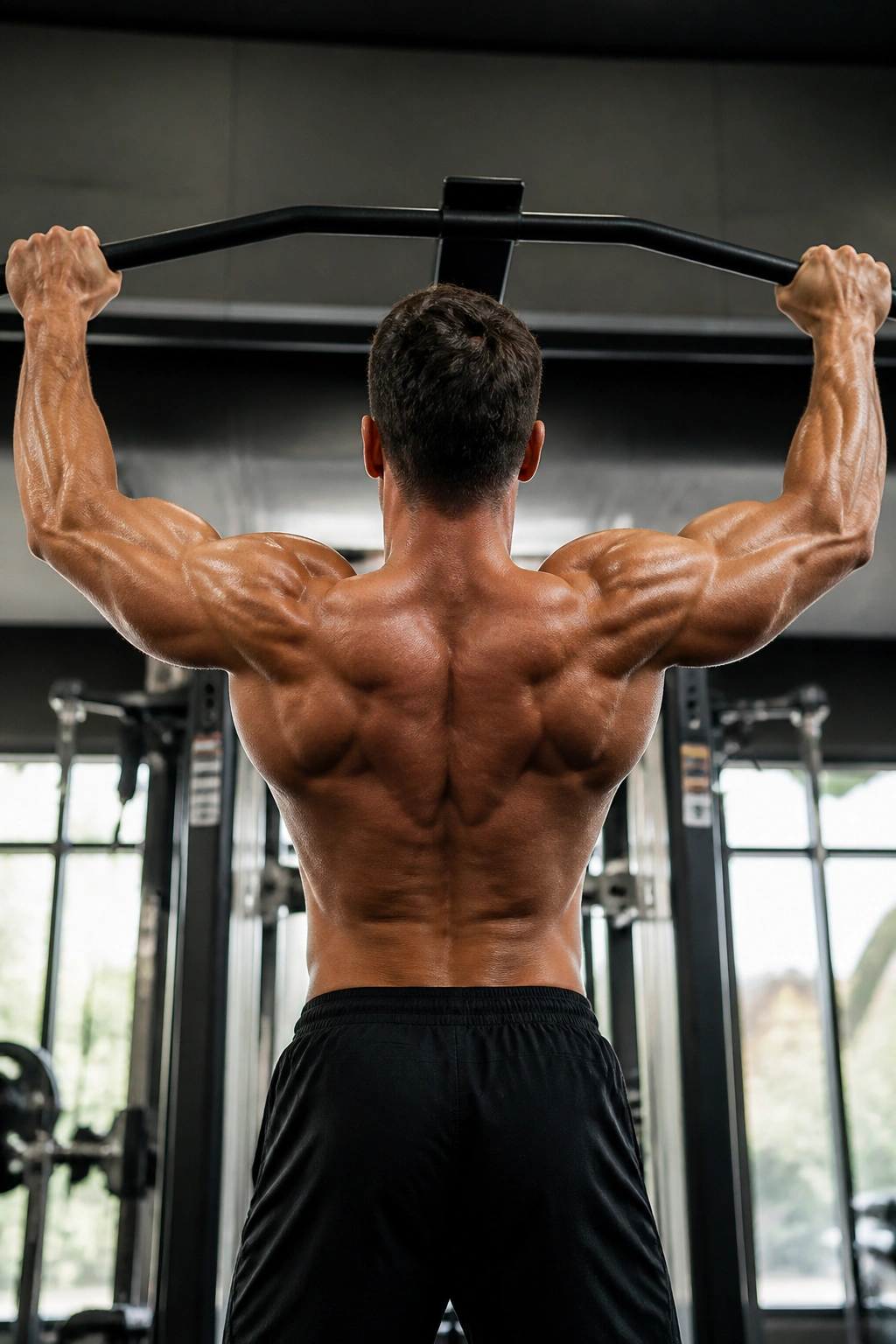 Lifter performing a wide-grip pull-up highlighting back muscles