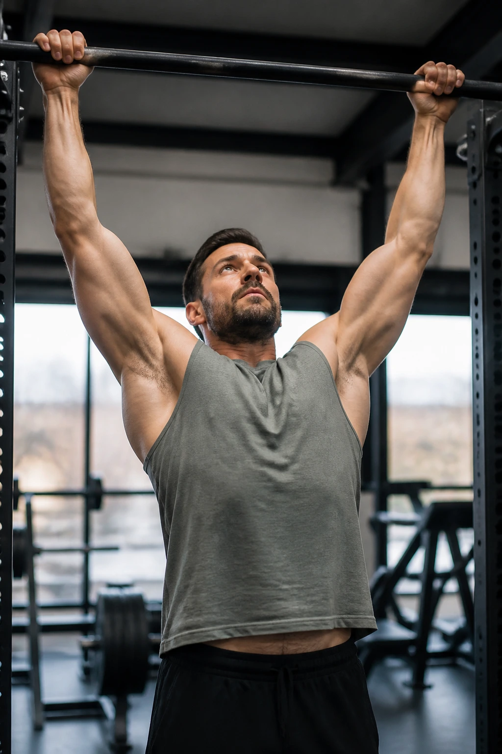 Person performing a strict pull-up on a gym bar