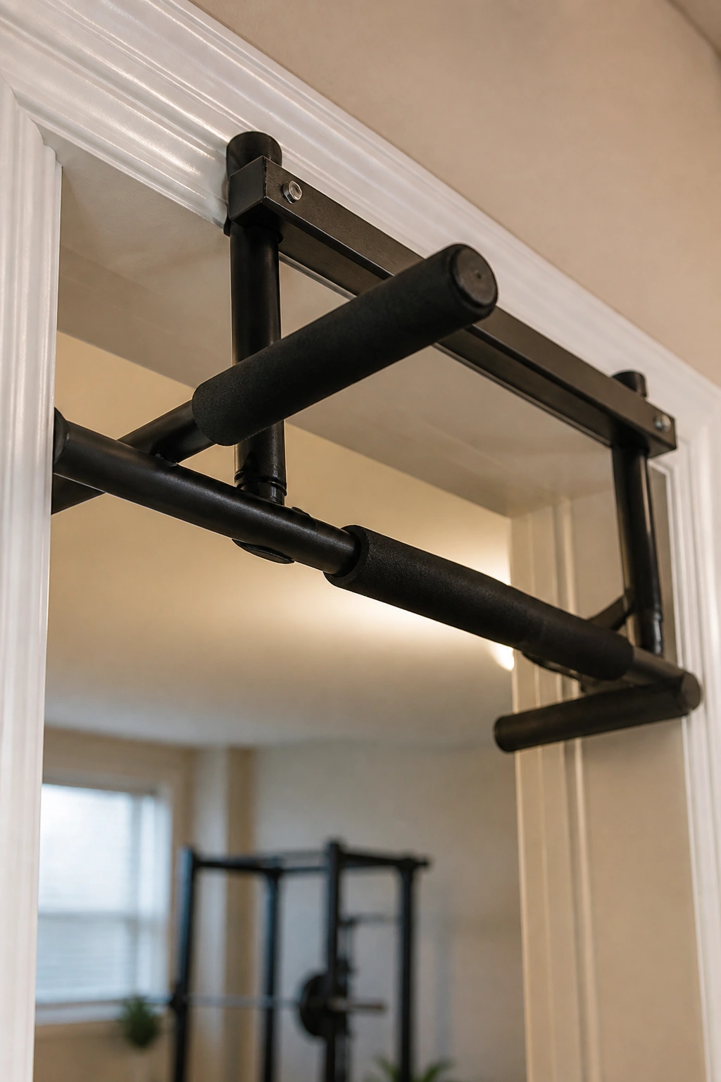 Close-up of a doorway pull-up bar installed in a home doorway