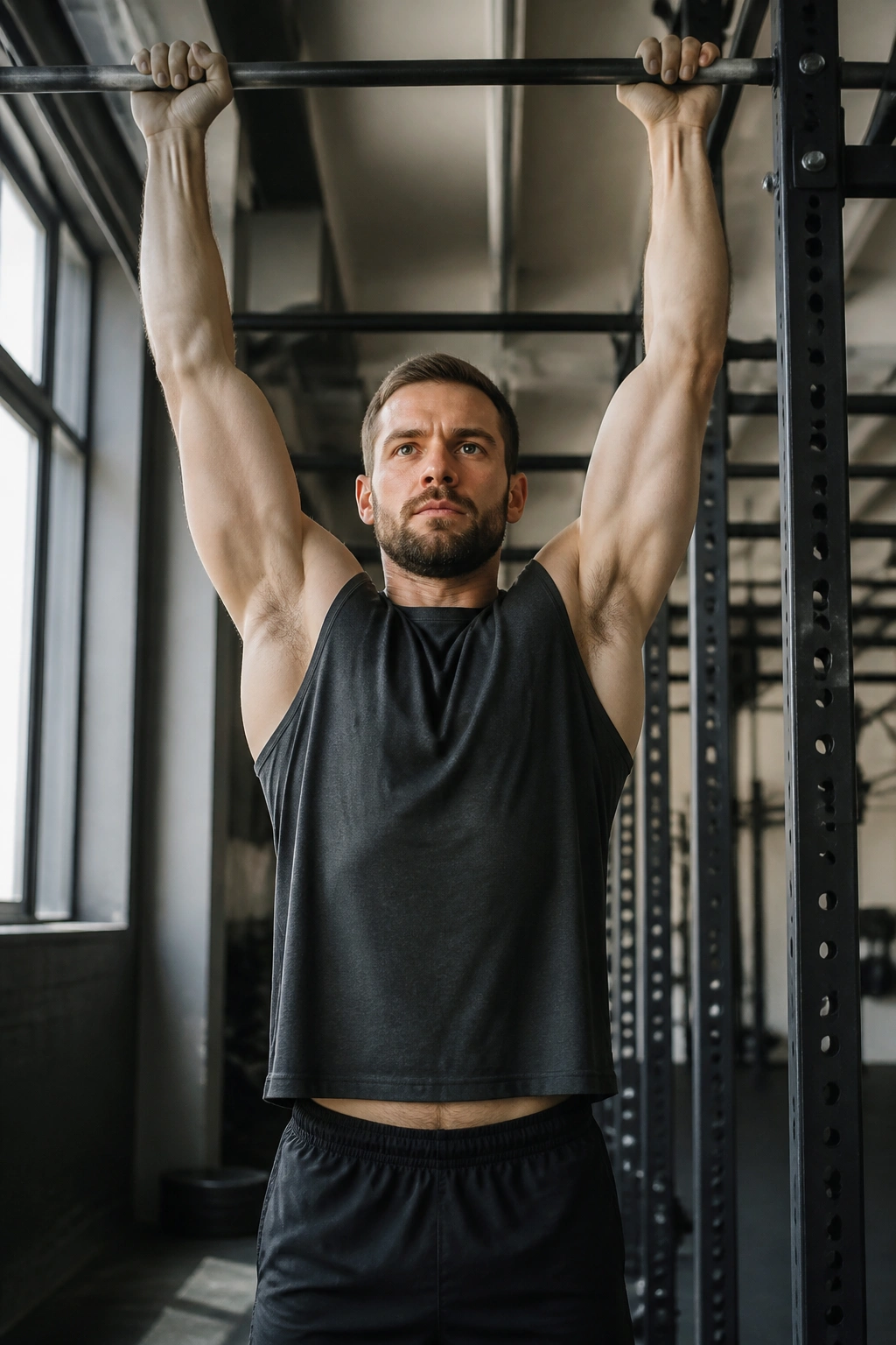 Person performing a pull-up on a gym bar