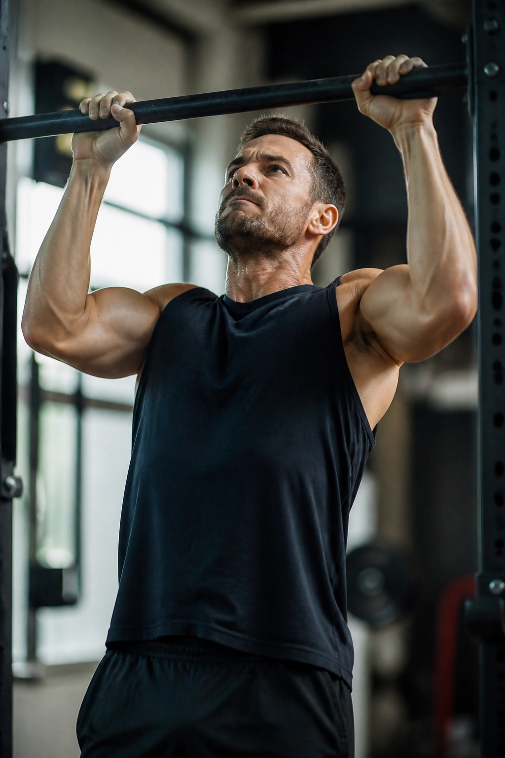 Person doing a pull-up on a gym bar during AMRAP