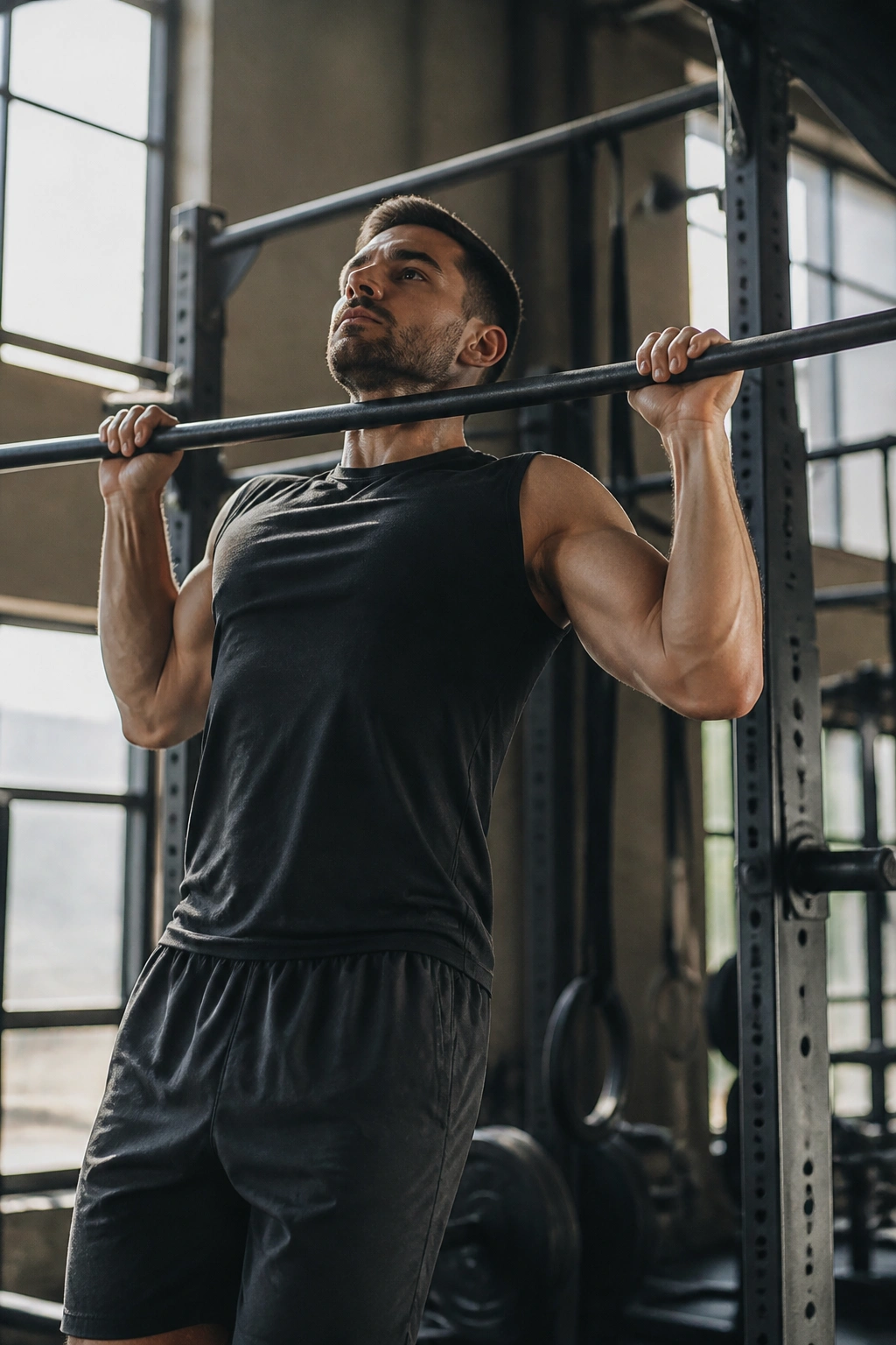 Person performing a strict pull-up on a gym bar for Push-Up and Pull-Up Ladder Challenge