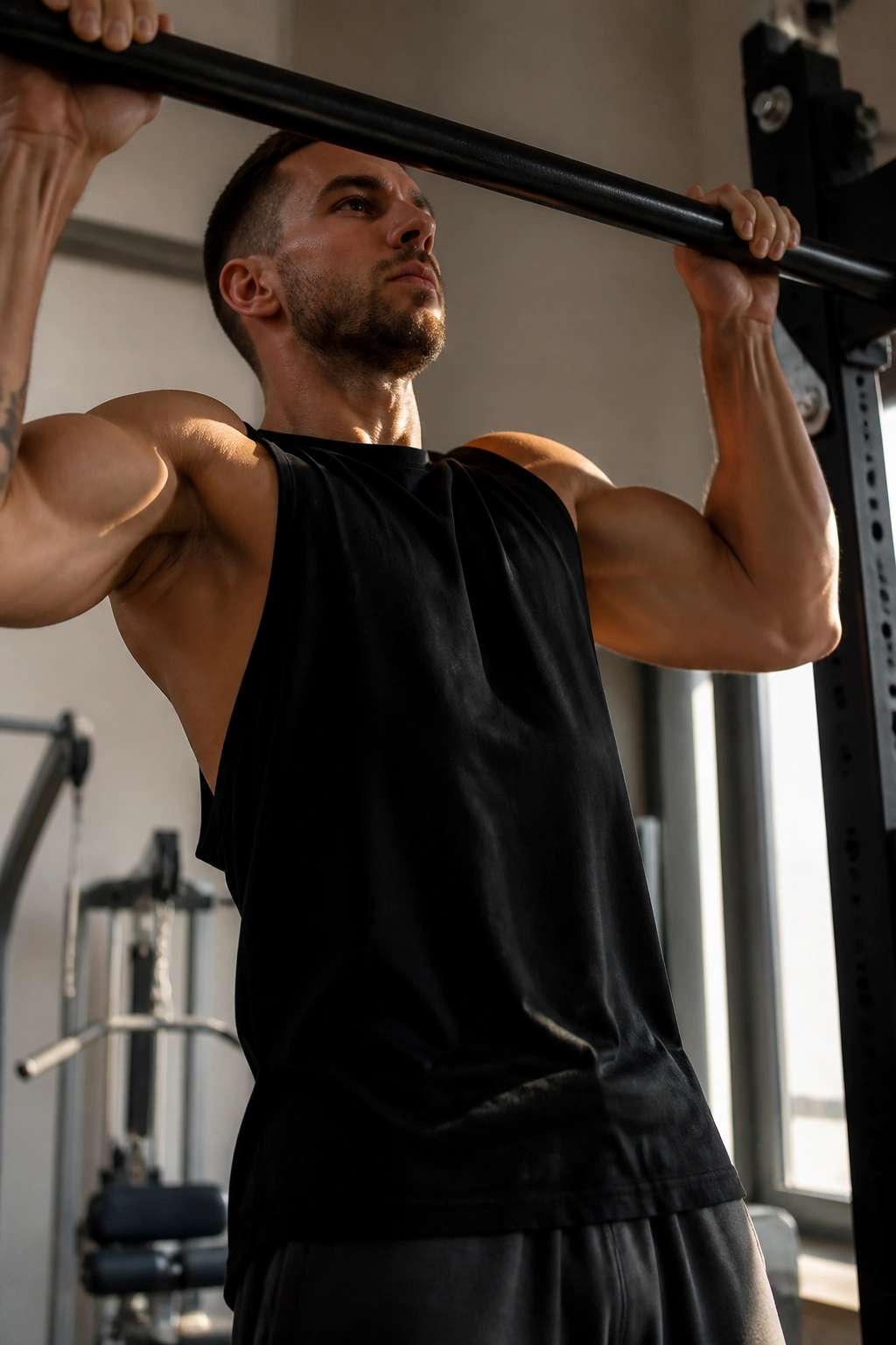 Close-up of a real athlete performing a pull-up in a gym with pull-up bar visible