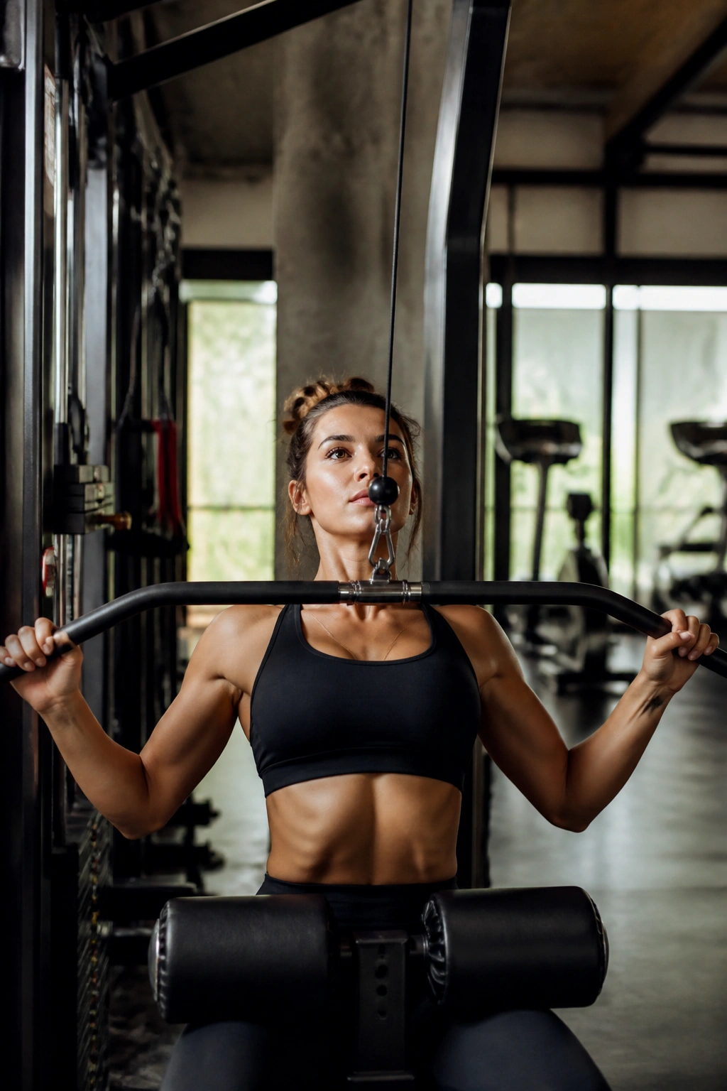Lifter using lat pulldown machine with progression-friendly setup in a gym