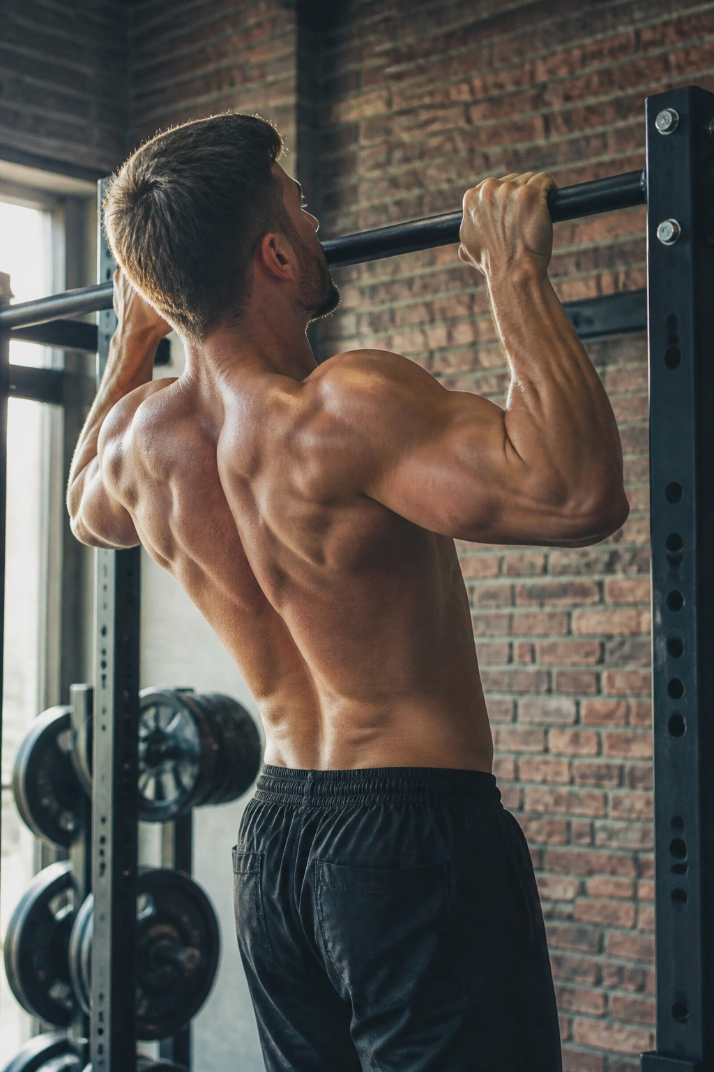 Portrait of a real person performing a pull-up, gripping a bar with engaged upper body muscles