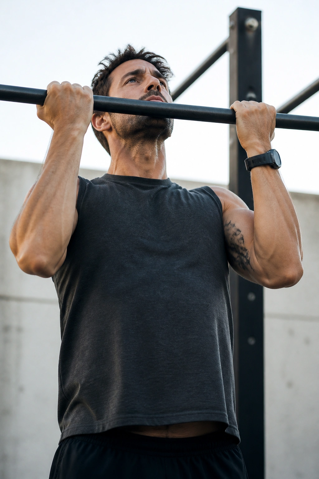 Person performing a pull-up on a gym bar with focus