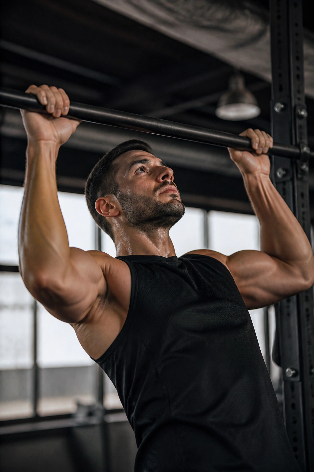 Real person doing strict pull-up in a gym
