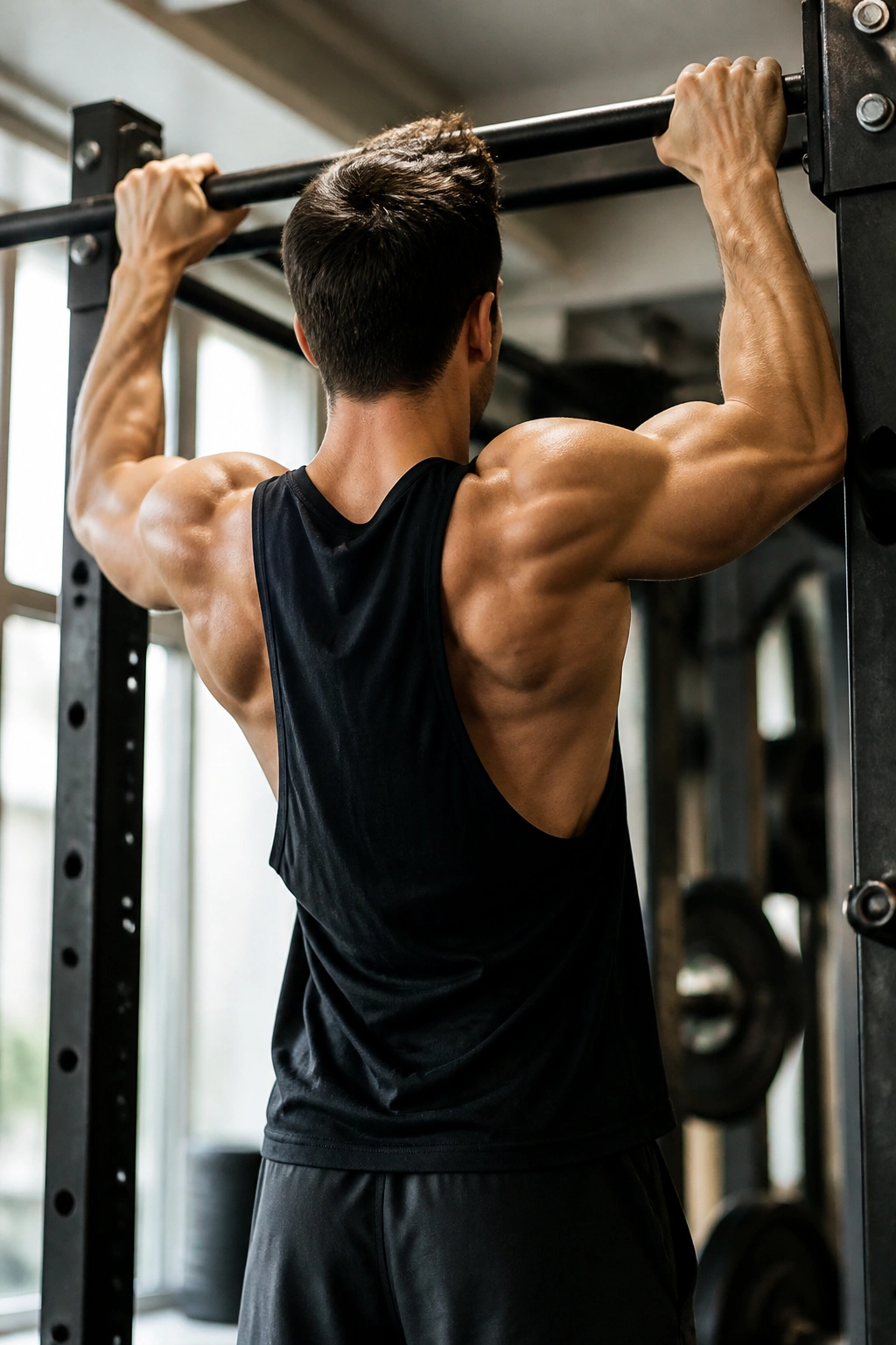 Close-up of a real person performing a strict pull-up in a gym, showcasing back engagement.