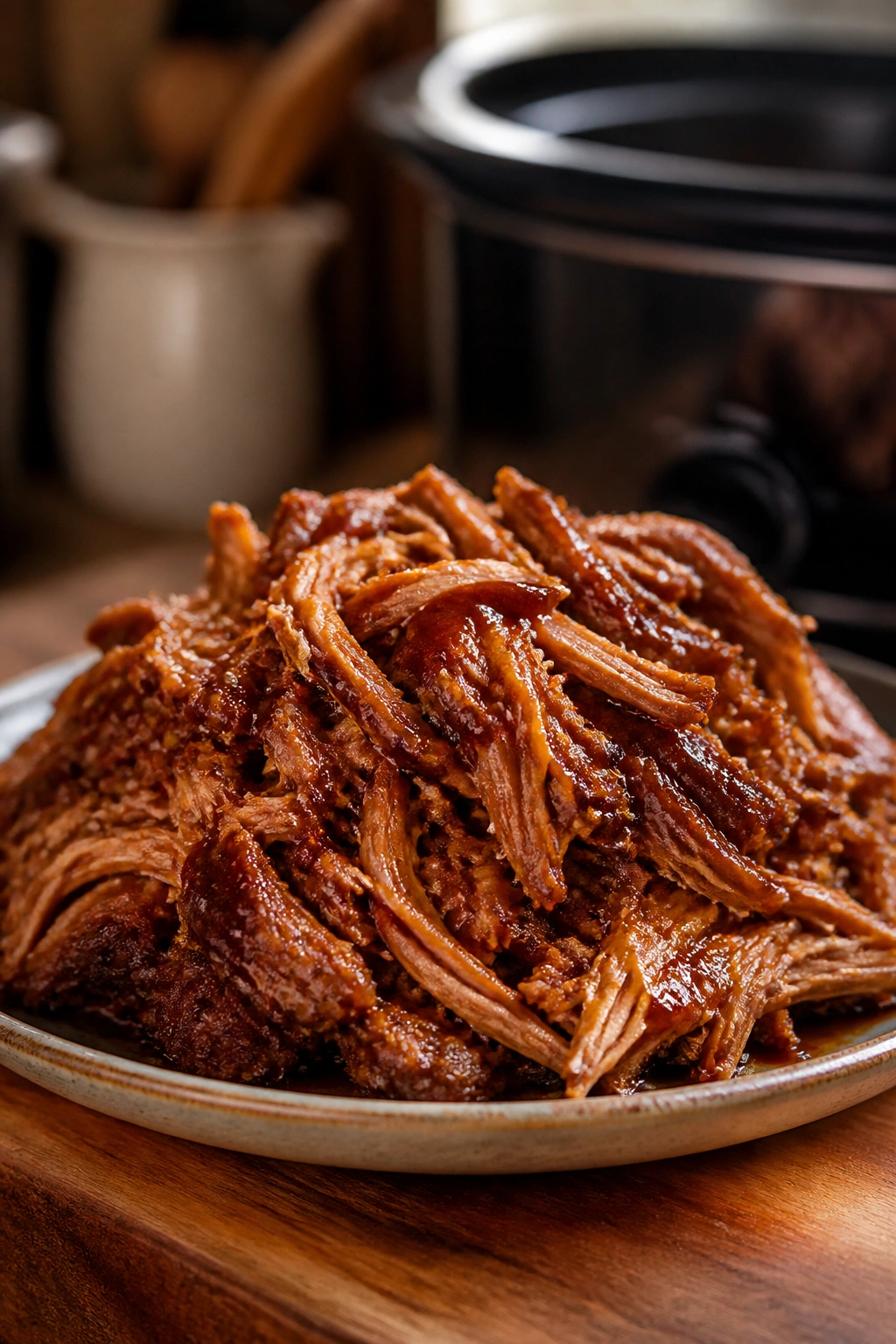 Pulled pork with BBQ sauce on a plate in a cozy kitchen