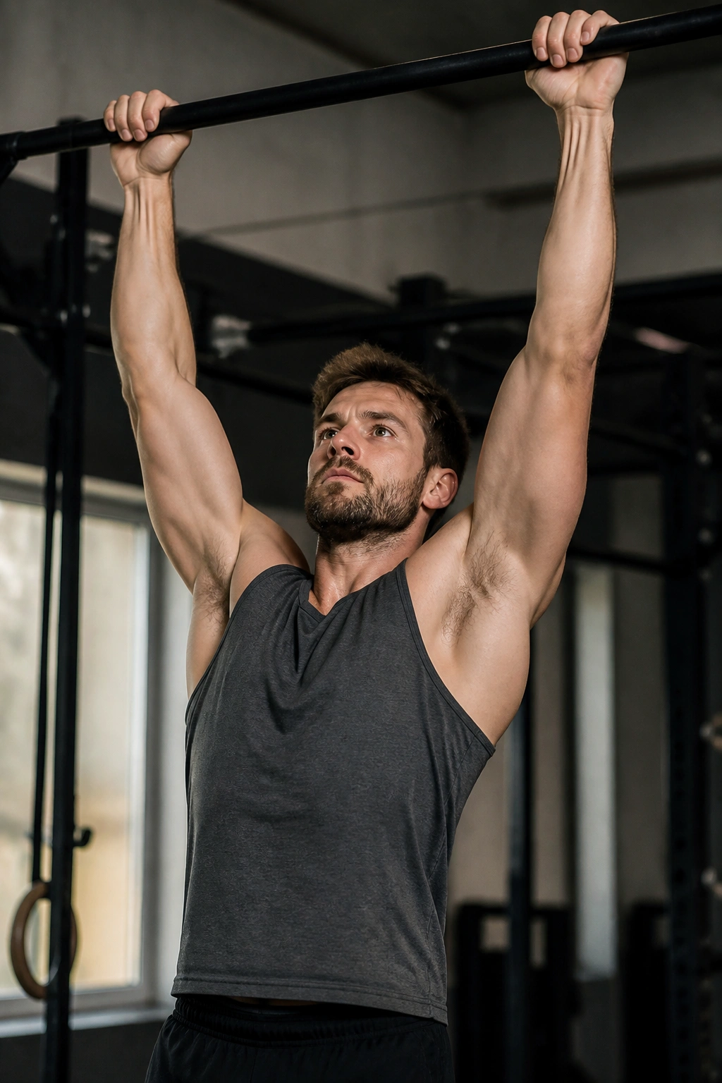 Athlete performing a strict pull-up in a gym
