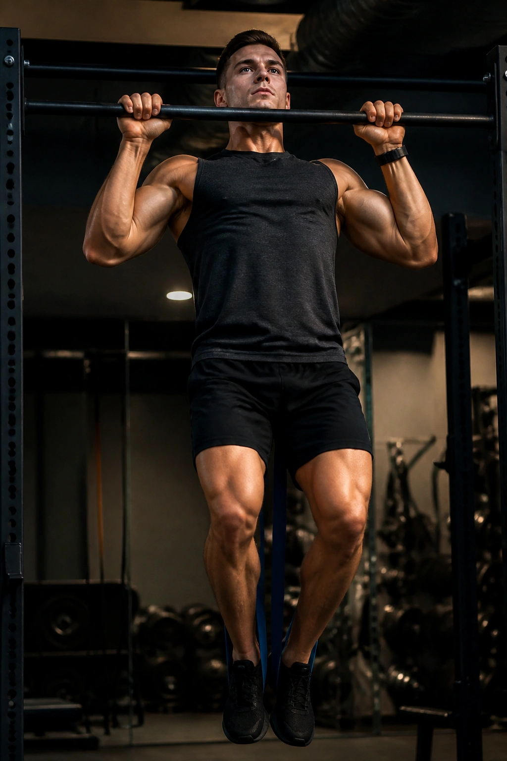 Close-up of a person doing pull-ups in a gym, showing lat engagement