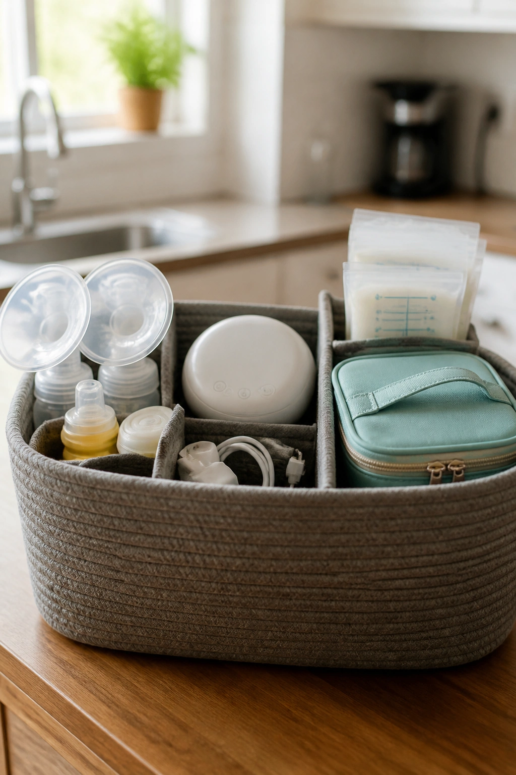 Close-up of neatly organized pump parts kit in a tote on a kitchen counter
