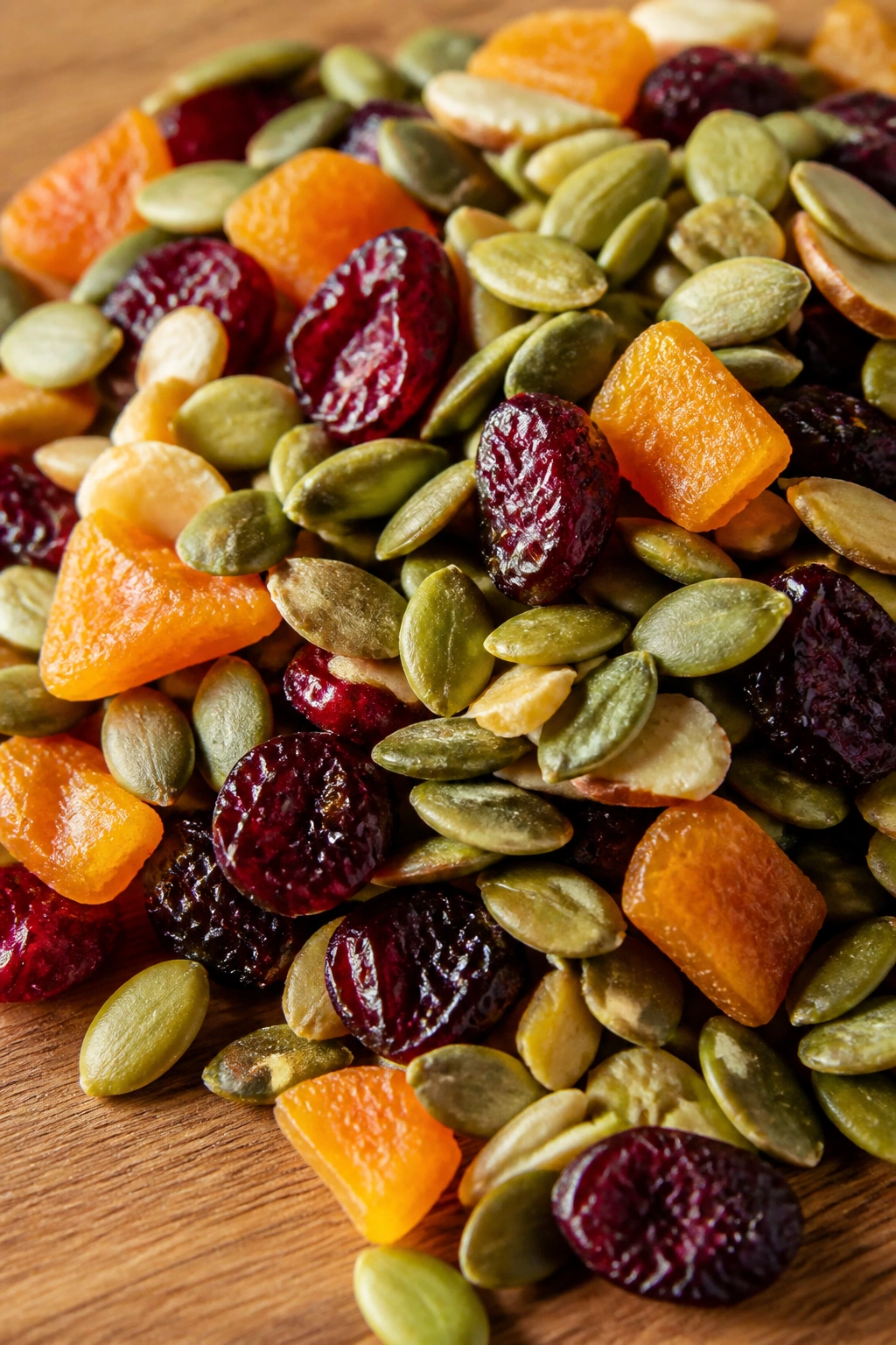 Close-up of pumpkin seeds and dried fruit trail mix