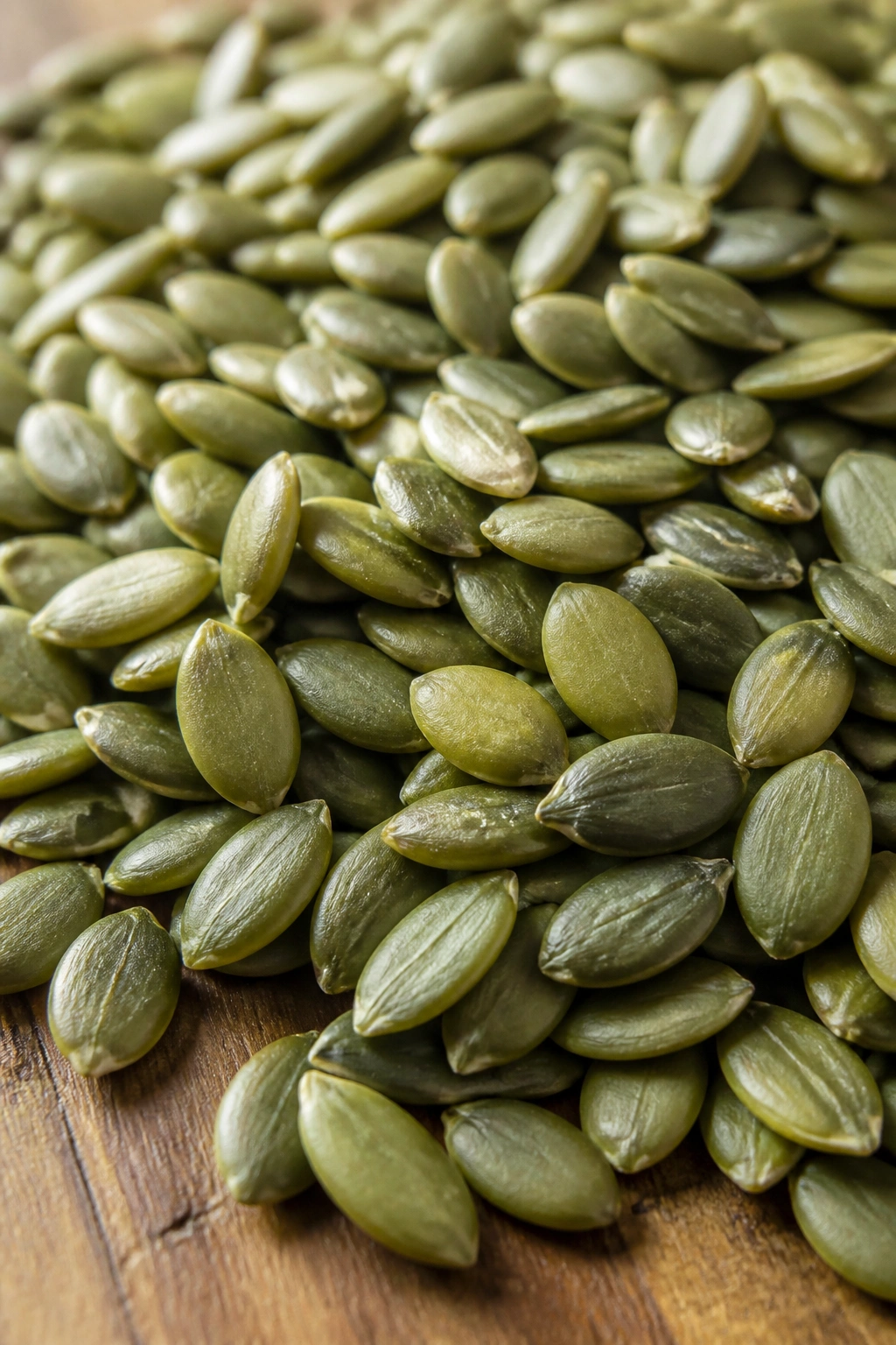 Close-up of pumpkin seeds on a wooden surface