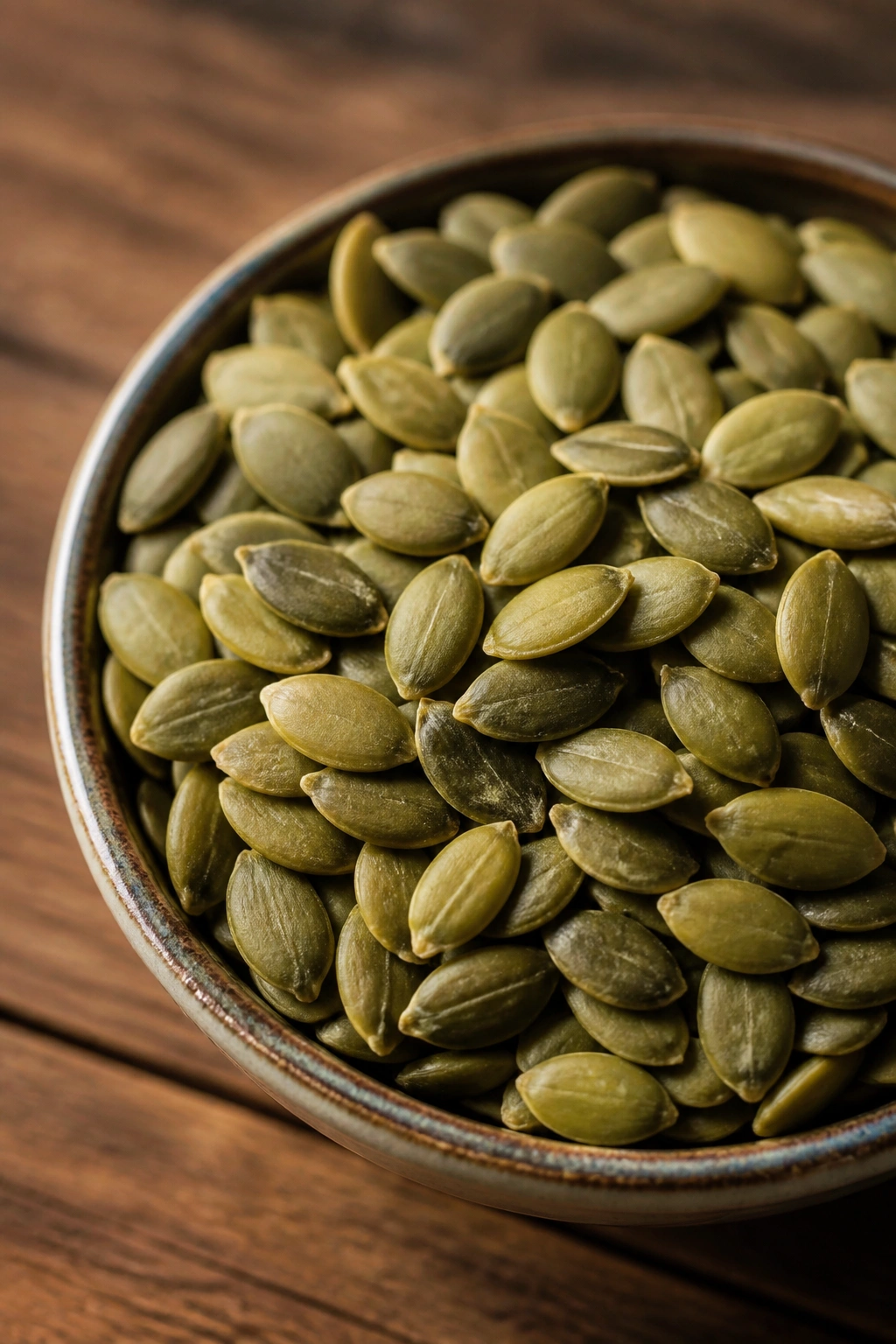 Pumpkin seeds in a bowl on a wooden surface