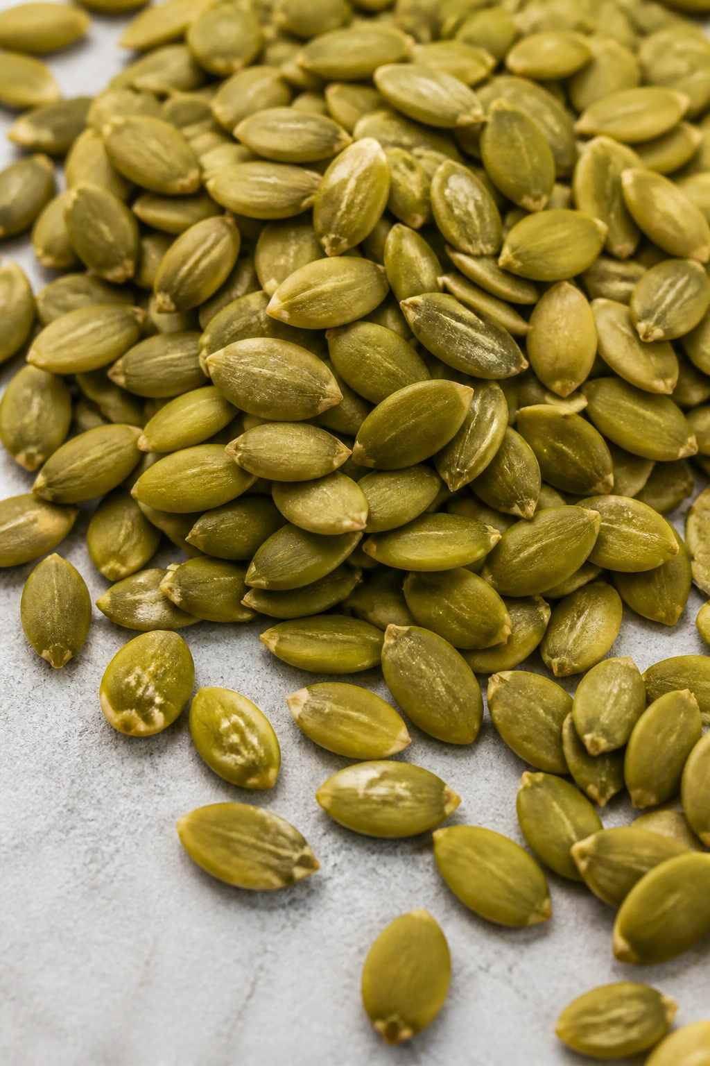 Close-up of pumpkin seeds scattered on a neutral surface
