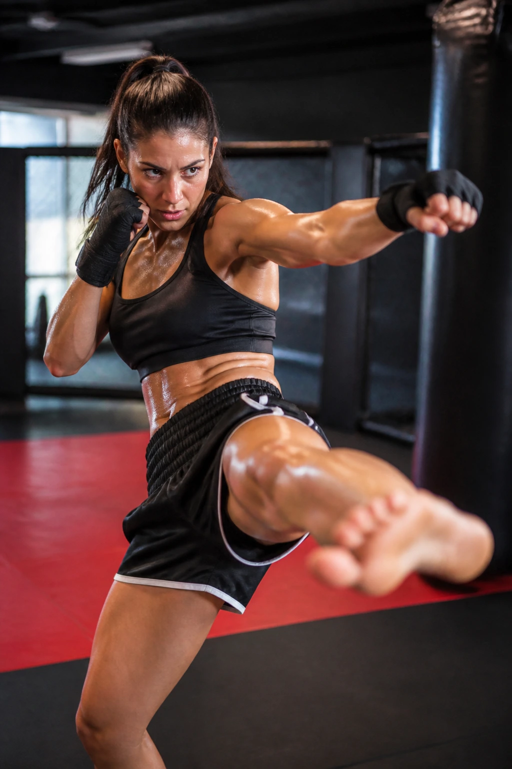 Fighter performing a jab-cross and front kick during a cardio sequence
