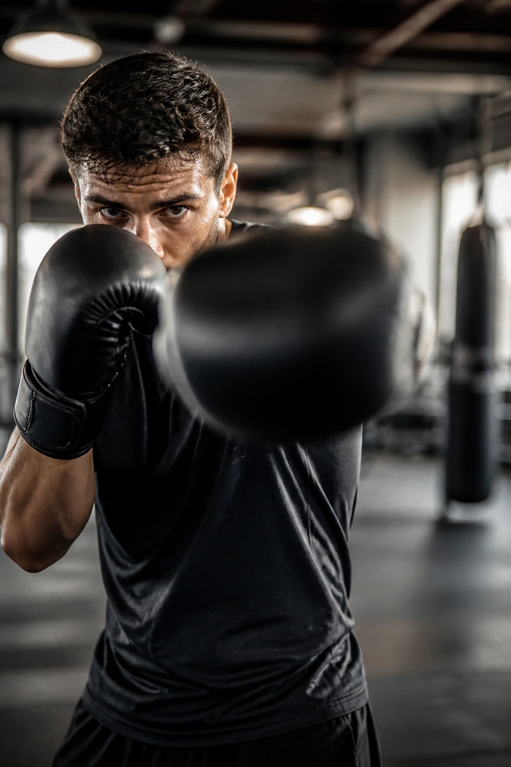 Gloved fists punching rapidly during interval training