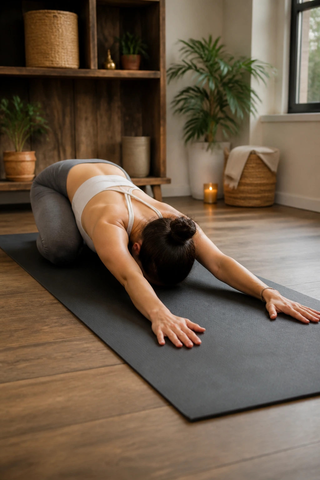 Person in puppy pose with chest reaching toward the mat and arms extended