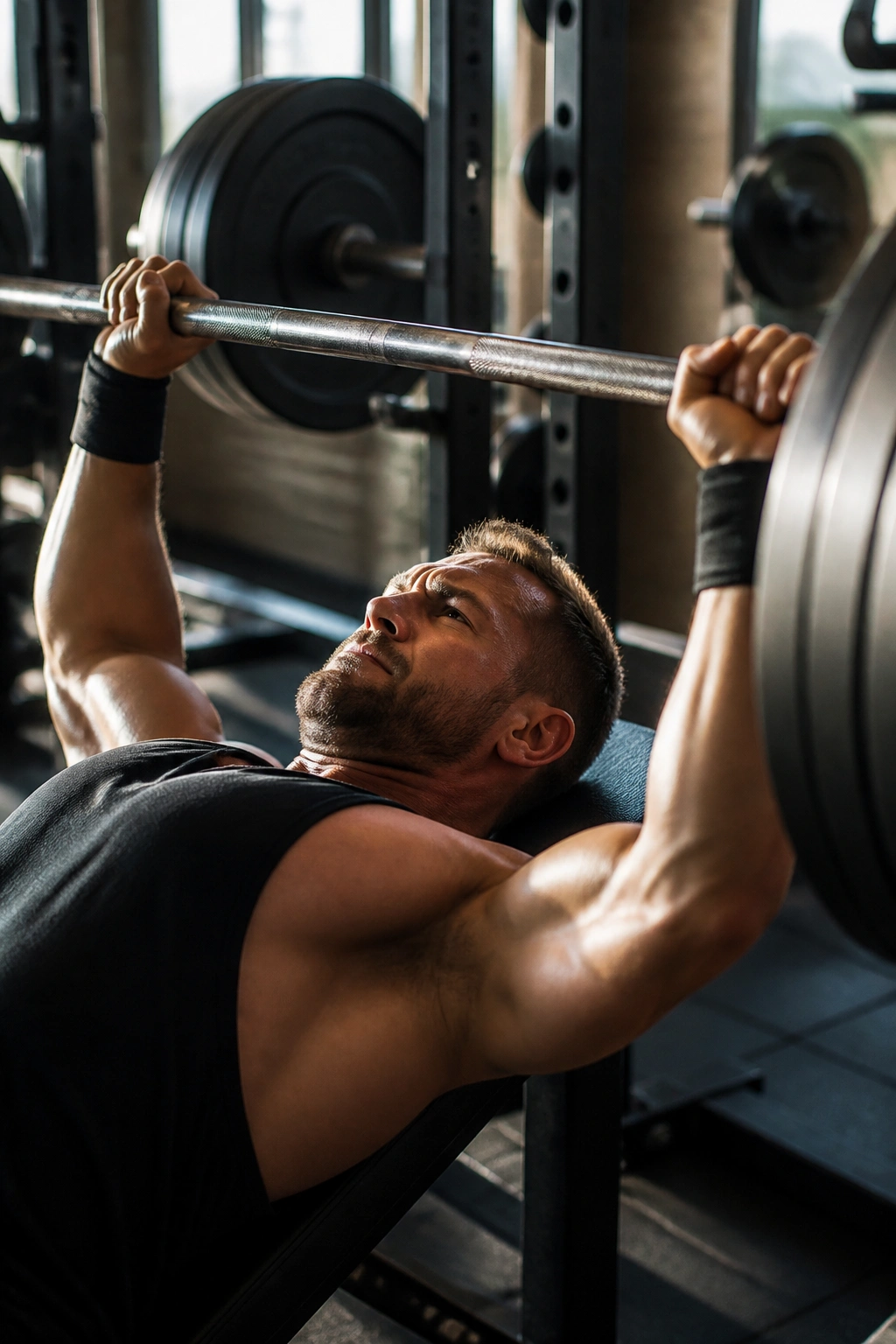 Close-up of lifter pressing heavy barbell on bench in gym, emphasizing push day