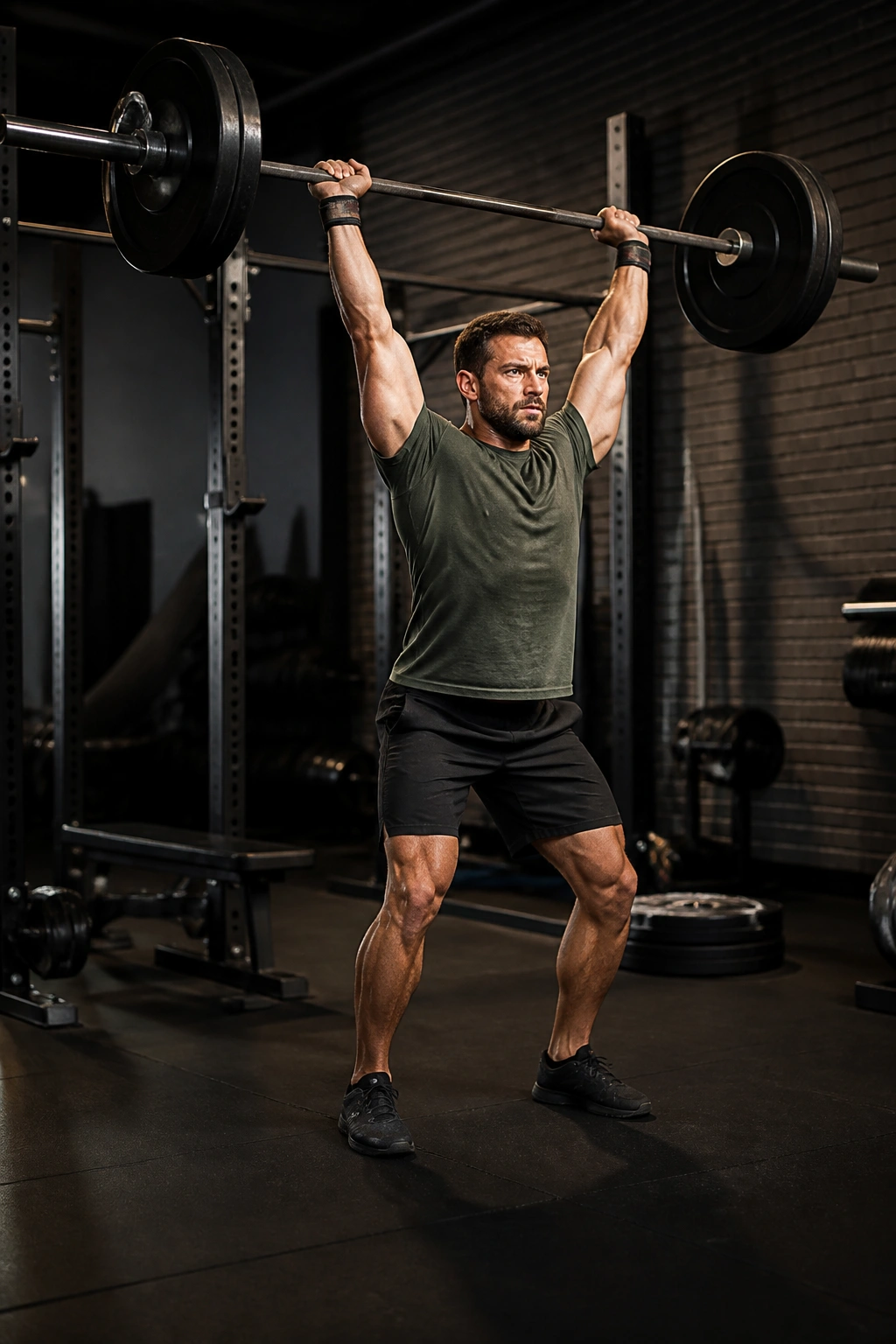 Lifter performing push press with barbell overhead