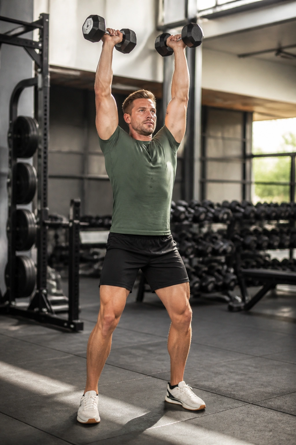 Real person performing dumbbell push press in gym