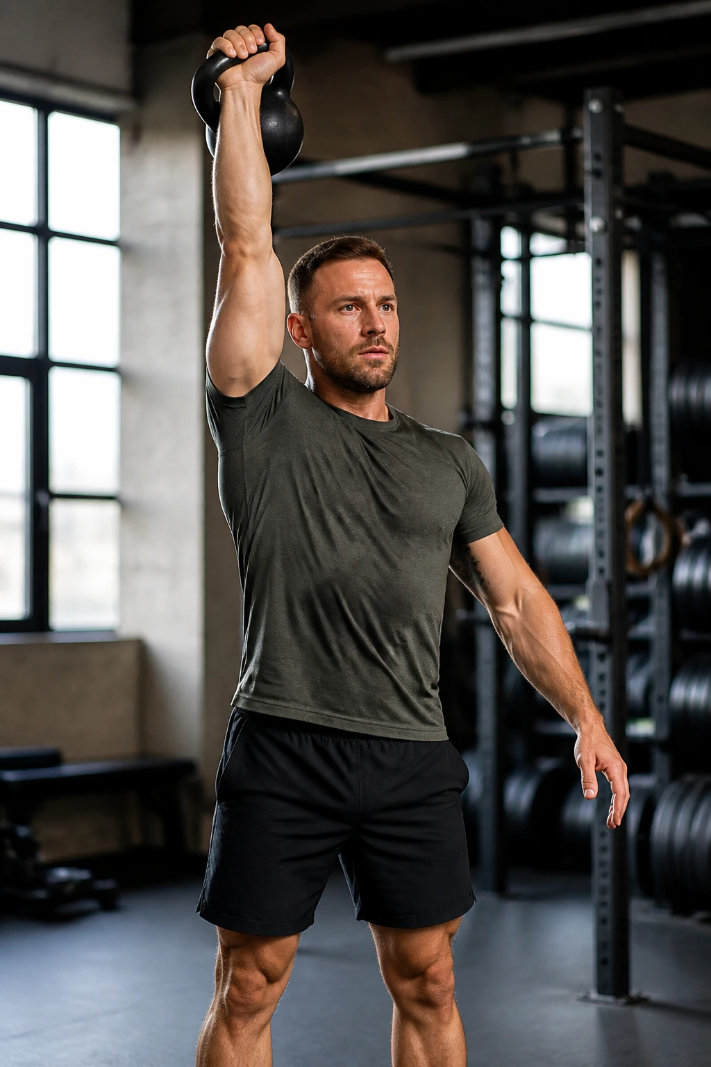 Lifter with kettlebell overhead hold during push press in gym