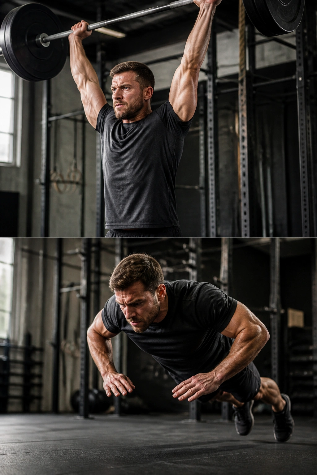 Athlete performing push press overhead and plyo push-up in gym